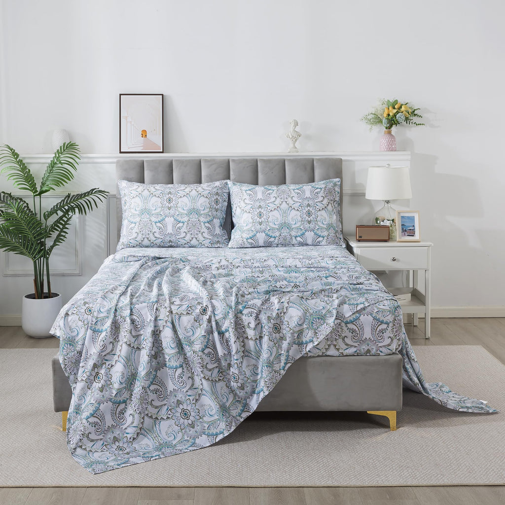 Blue Paisley Sheets Set Queen Classic Boho Paisley Bedding Luxurious Bohemian Damask Paisley Bed Sheet Breathable