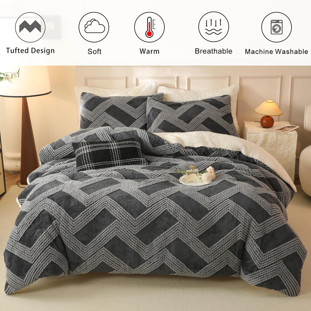 Tufted Boho Comforter Set King - Grey Fluffy Sherpa Bedding Set, Soft Fuzzy Jacquard Quilt Set, 3 Pieces Cozy Bed Set