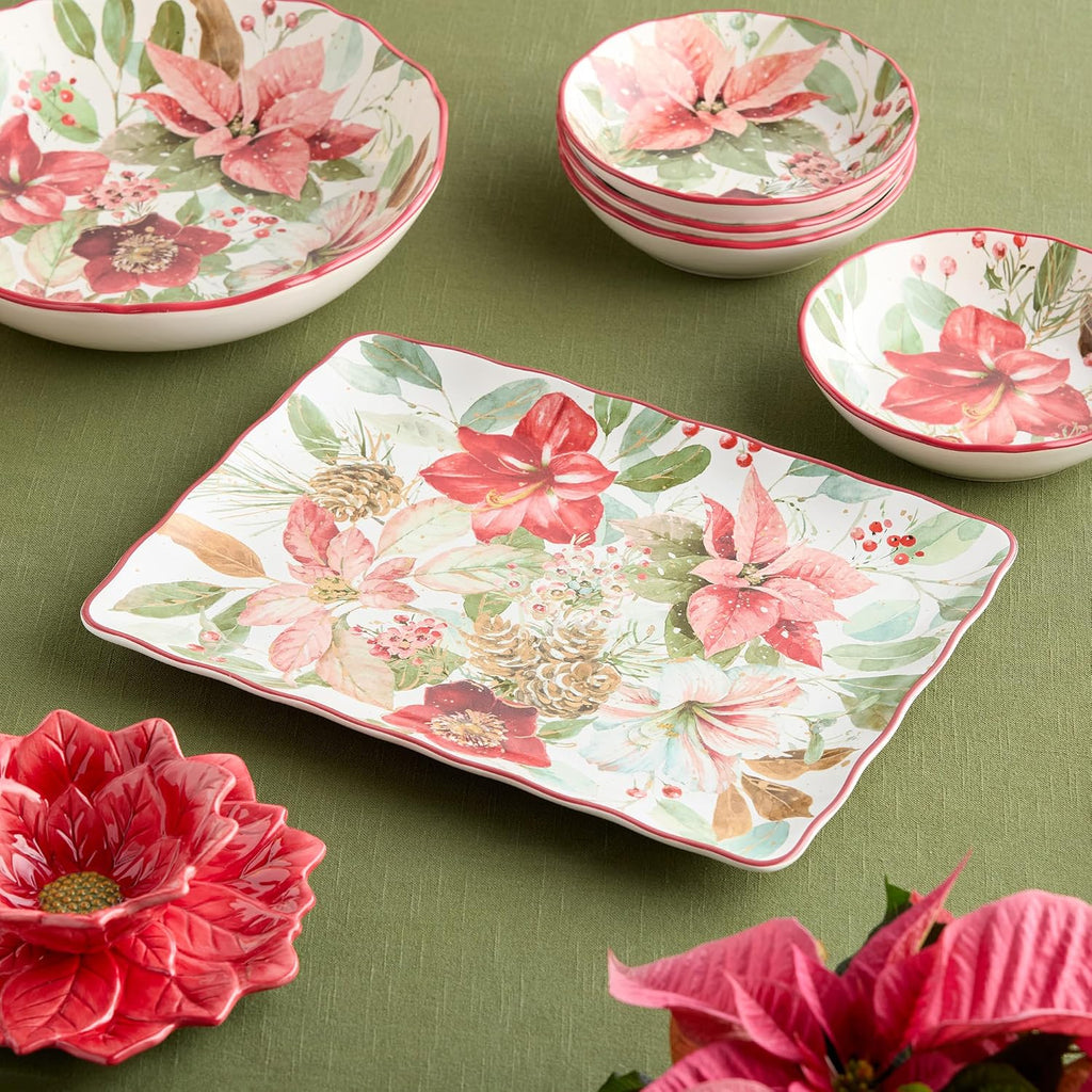 Winter Blooms Holiday Rectangular Platter - 16" x 12" Ceramic Serving Tray with Poinsettia Design - Dishwasher Safe