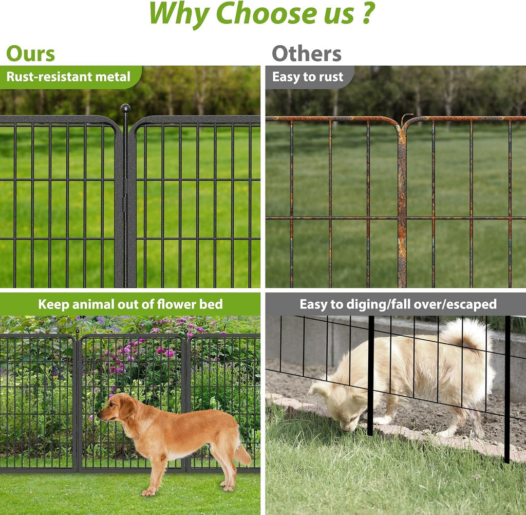 Decorative No Dig Fence Panels Metal Garden Fence with Gate, 28ft(L) x 32in(H) Garden Fencing for Dogs Rabbits