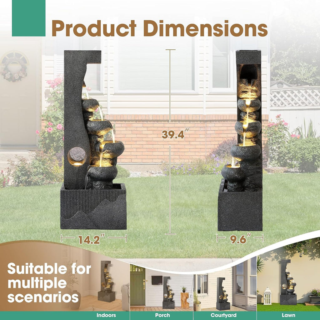 40"H Water Fountains Outdoor, Cascading Rock Fountain and Waterfalls | Garden Large Indoor Floor Standing Water