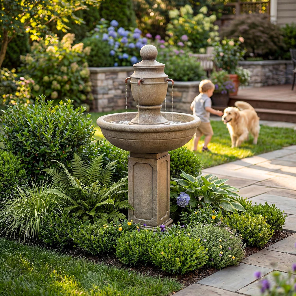 35" Outdoor Water Fountain, 2-Tier Resin Brown Garden Fountain | Modern Italian Floor Standing, with Warm Light, Home
