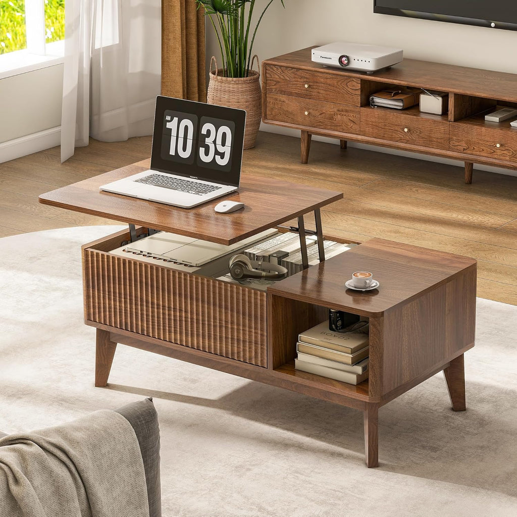 Fluted Lift Top Coffee Table with Storage, Modern Coffee Table（Walnut）