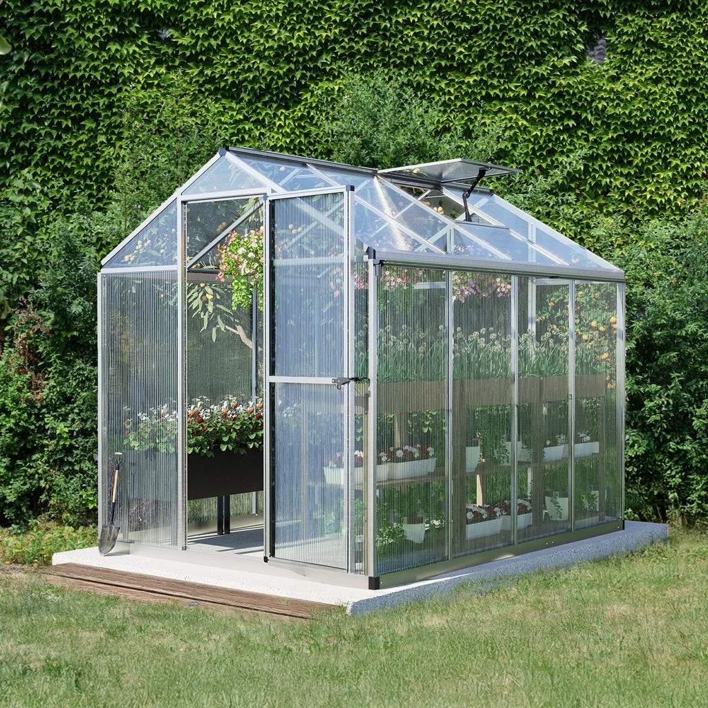 6 x 8 Ft Walk-in Greenhouse with Gutter, Adjustment Skylight