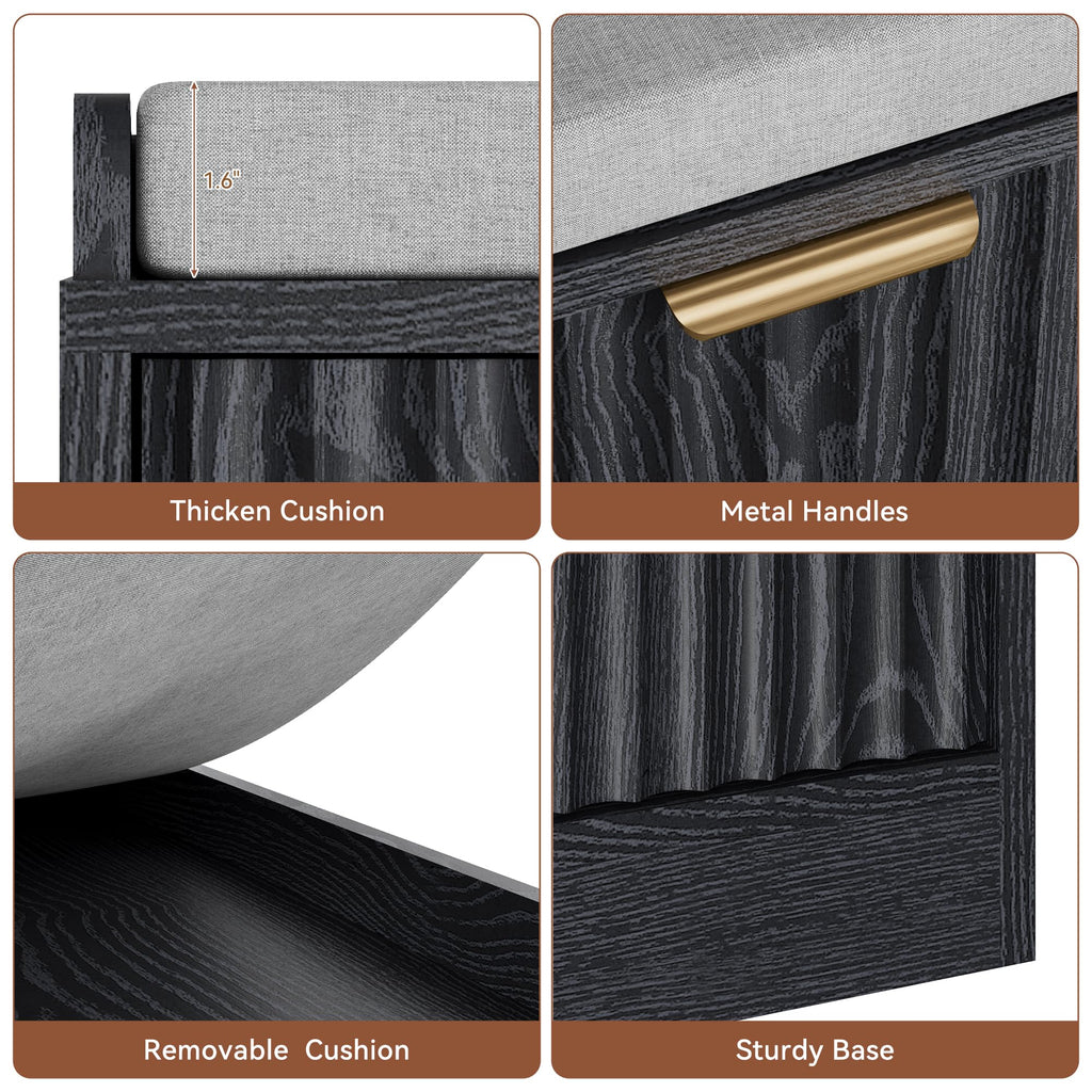 Fluted Shoe Storage Bench with Cushioned Seat and Sliding Doors, Black丨Modern Entryway Cabinet with Gold Handles