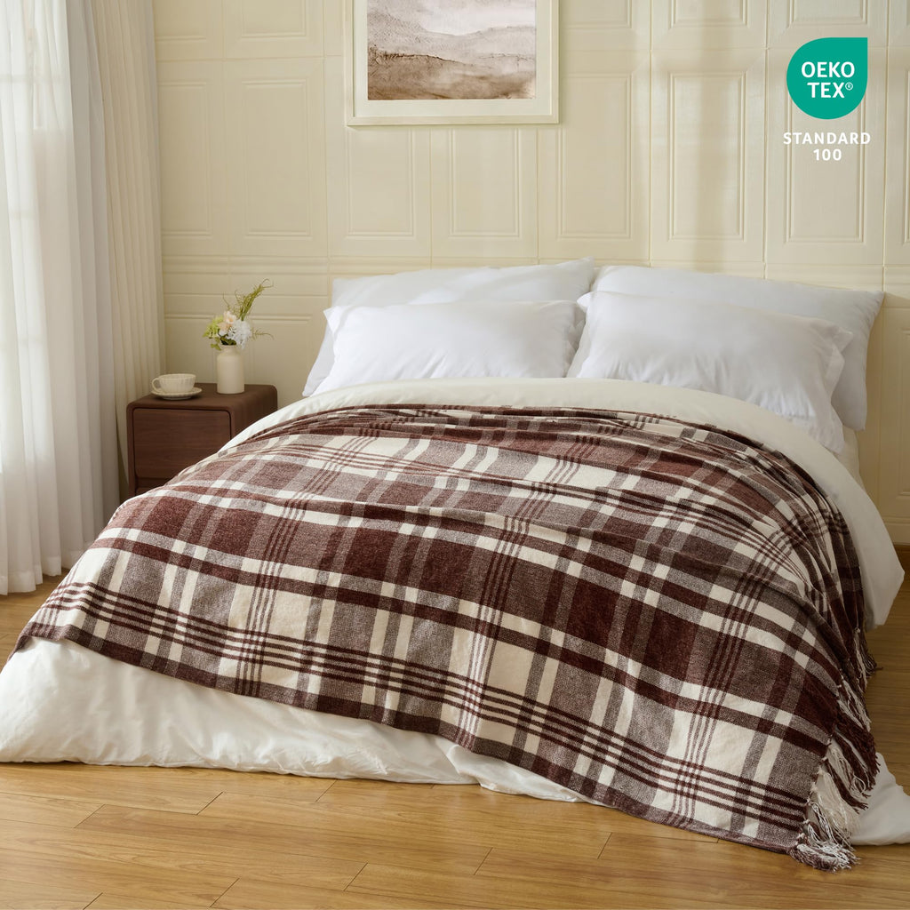 Chenille Throw Blanket Knotted Tassels 50x60, Dark Brown Plaid