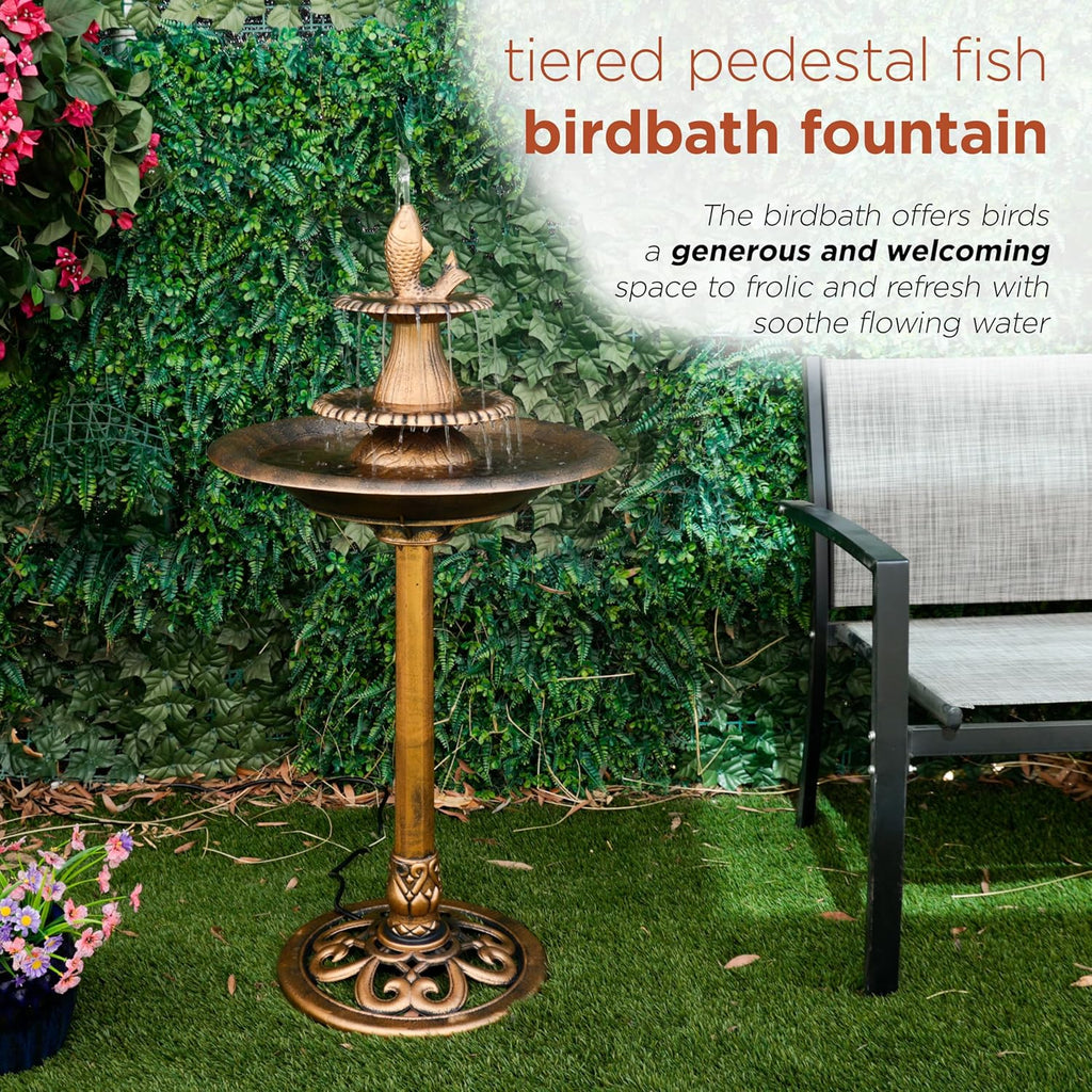 40" Tiered Pedestal Fish Fountain Birdbath, Cascading Outdoor Water Feature Décor, Gold