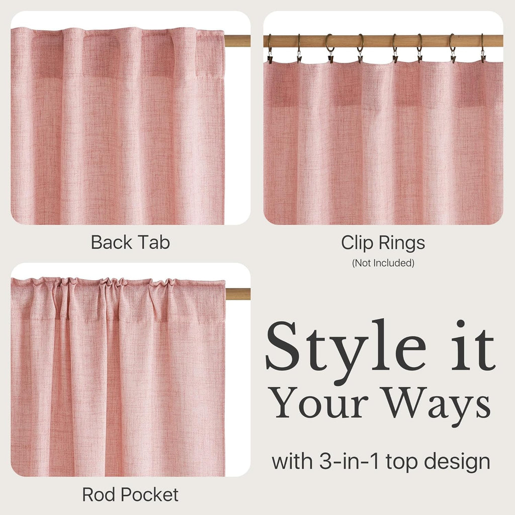 Pink Cafe Curtains for Girls Room, Rod Pocket & Back Tab Light Filtering Faux Linen Short Window Drapes Semi Sheer