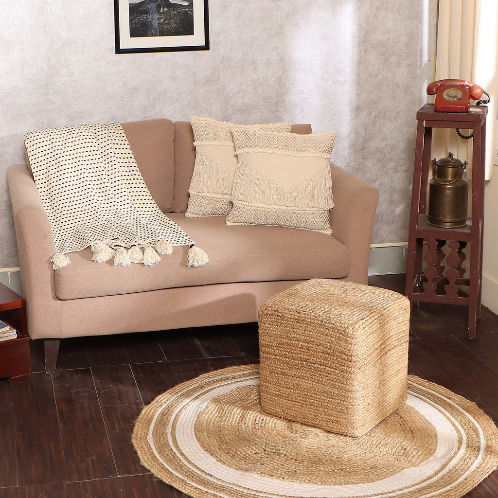 Cube Pouf Foot Stool Ottoman - Classic Jute Poof - Natural