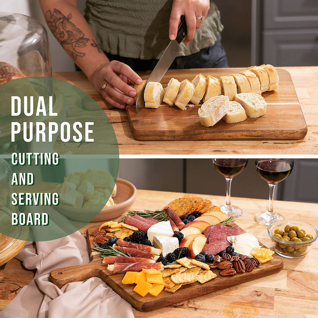Acacia Wood Cutting Board and Chopping Board with Handle for Meat, Cheese Board, Vegetables, Bread, and Charcuterie