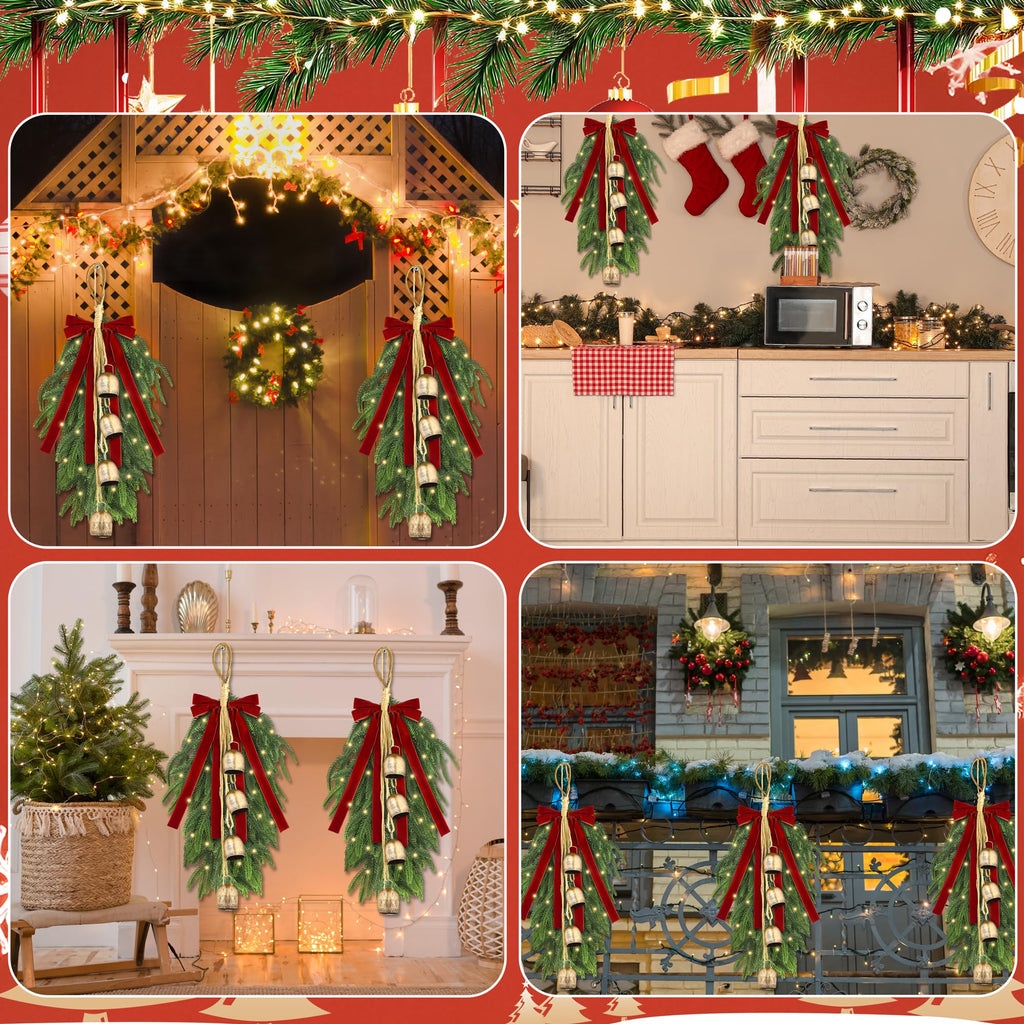 2 Pieces 20" Christmas Teardrop Swag for Front Door with Red Bowknot and Lights Artificial Norfork Pine Needles