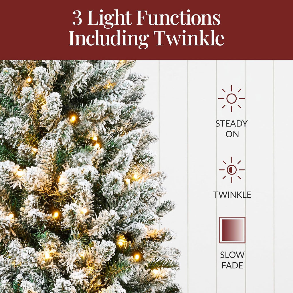 Prelit Potted Flocked Pencil Christmas Tree, 4.5Ft Artificial Lighted Holiday Décor, 175 Twinkling LEDs , Front Porch