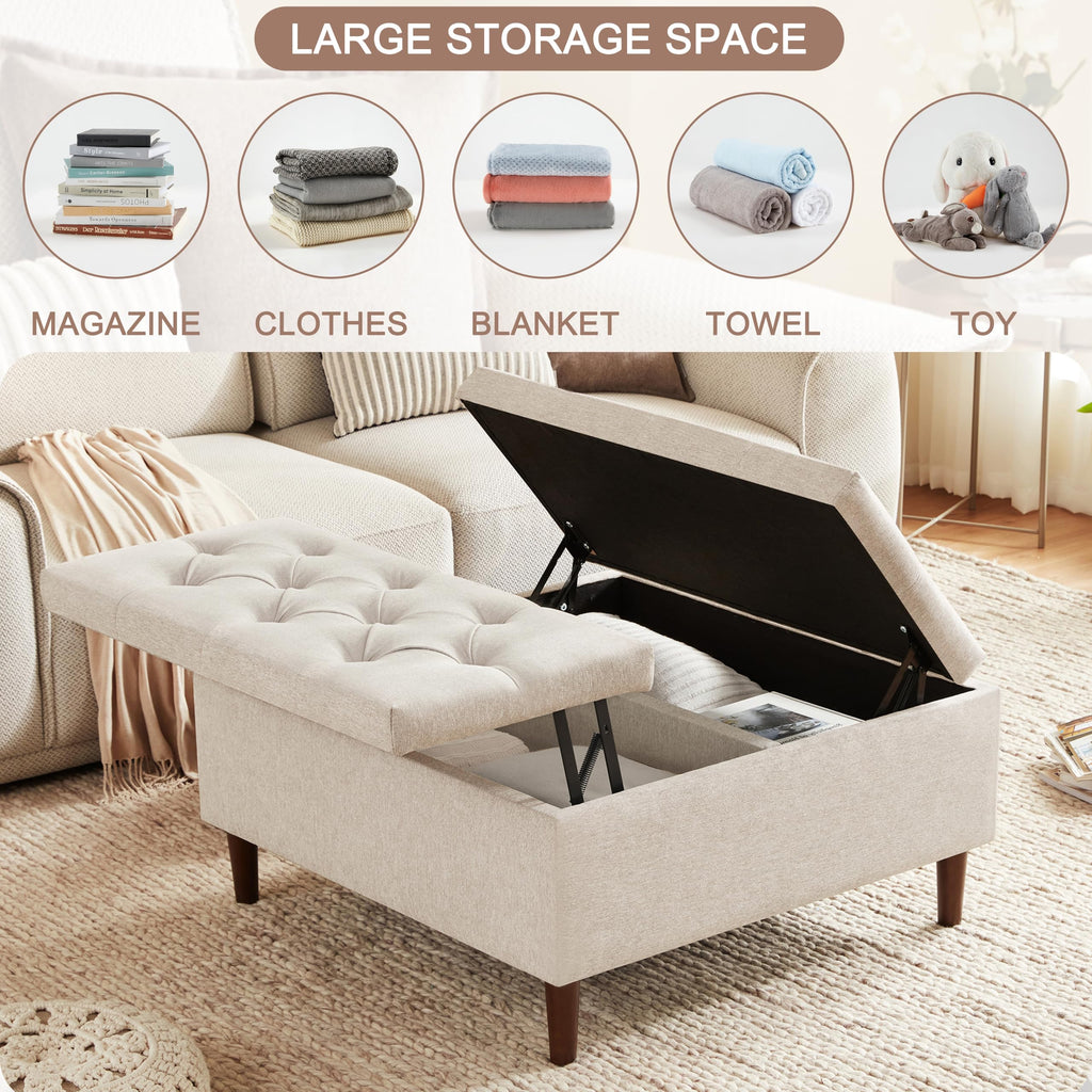 35" Large Storage Ottoman Coffee Table, Square Ottoman, Beige