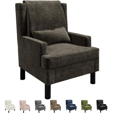 Wingback Accent Chair, Mid-Century Modern Reading Chair, Modern Chenille Upholstered Comfy Armchair with High Back