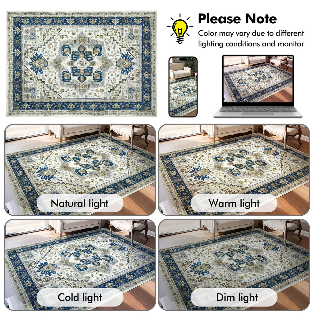 Machine Washable Area Rug - Large Vintage Oriental Soft Rugs, Low Pile Thin Floor Carpet with Non Slip Backing