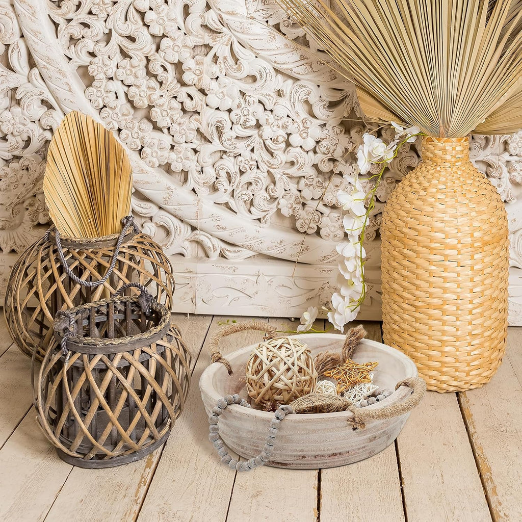 Wooden Decorative Bowls, 11.2 Inch Premium Round Serving Bowl with Rope Handles Decor, Round Paulownia Wood