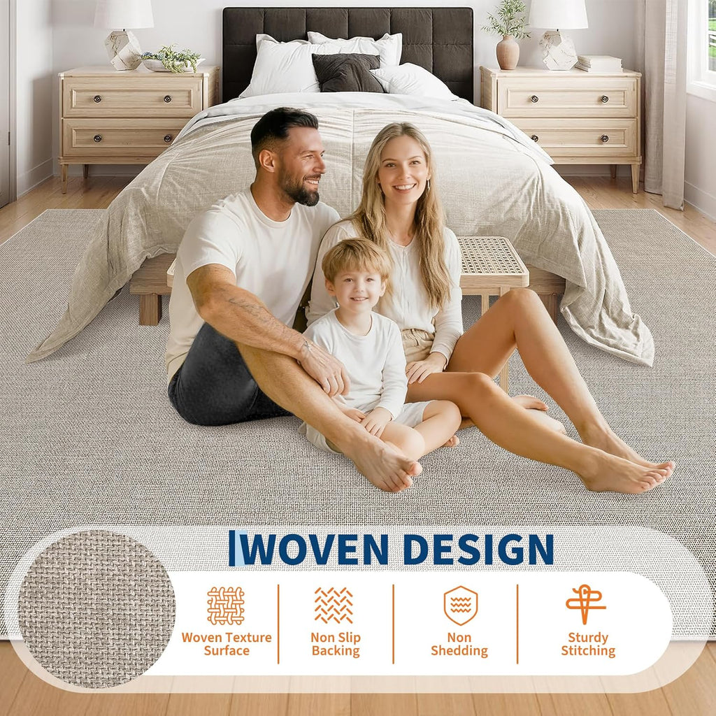 Solid Washable Rugs 8x10 Area Rug Solid Textured Rugs Bedroom, Non-Slip Low Pile Neutral Modern Woven Rug
