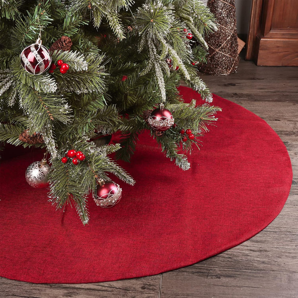 Christmas Tree Skirt Red: 48 inches Burgundy Burlap Double-Layer Plain Xmas Tree Skirt, Rustic Farmhouse Xmas Tree