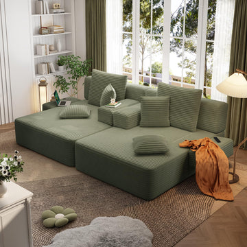 Double Chaise Lounge Indoor, Oversized Corduroy Boneless Sofa, Forest Green