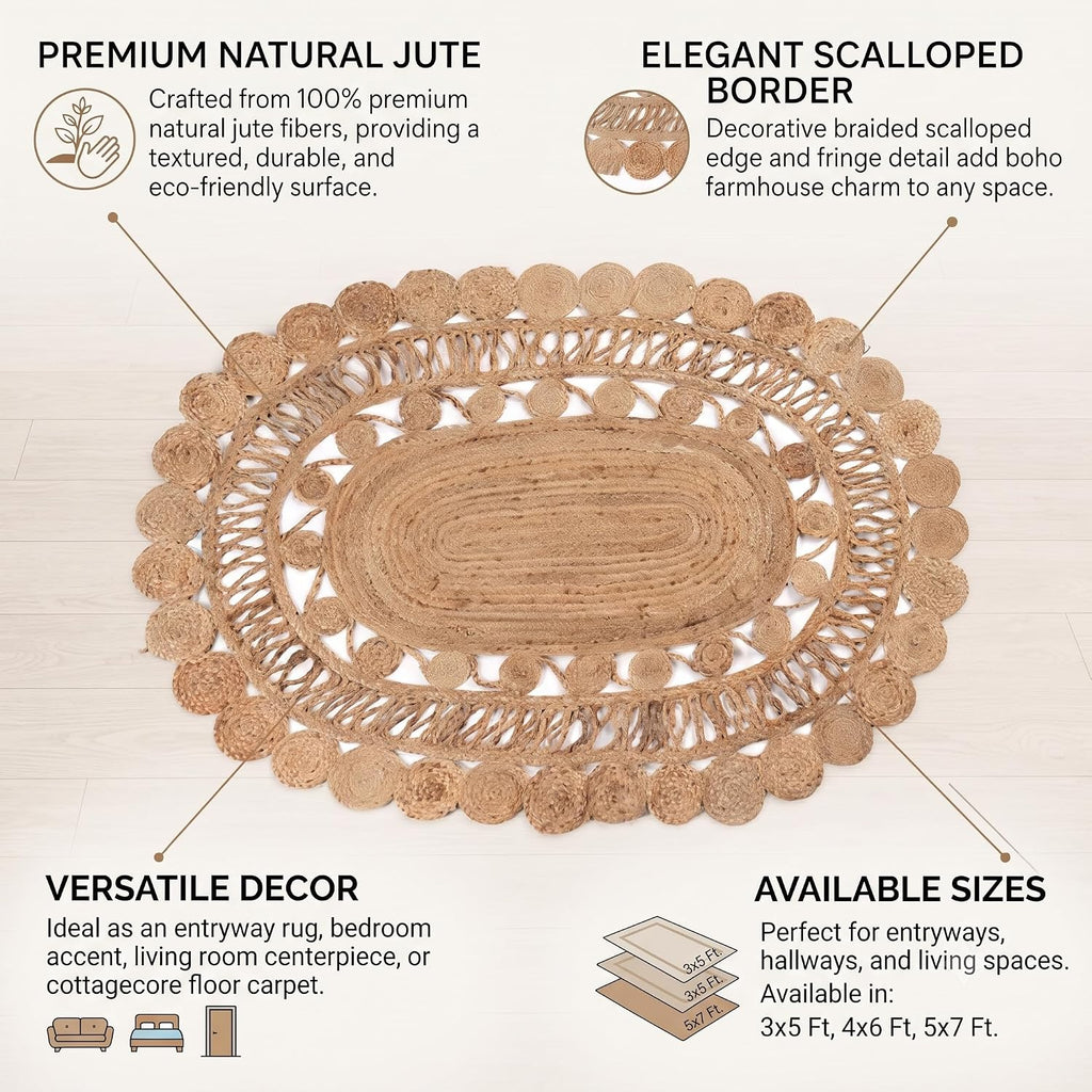 Scalloped Border Braided Jute Oval Area Rug, Natural Beige