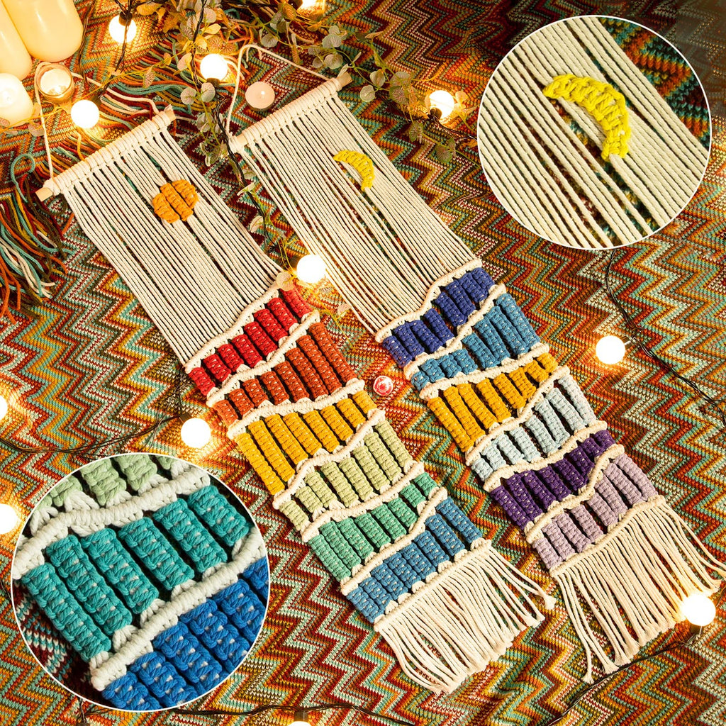 Boho Macrame Wall Hanging Decor Set, 2PCS Sun&Moon Tapestry with Tassel