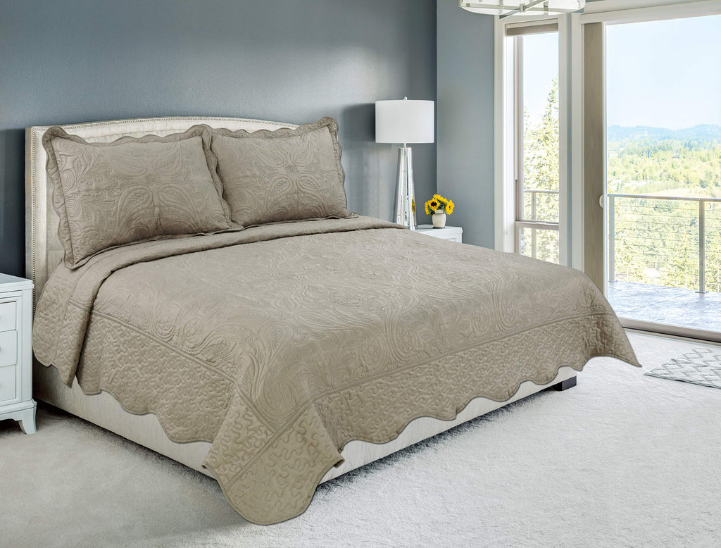 Embroidered Stitching Coverlet Bedspread Ultra Soft Solid 2 Piece Summer Quilt Set with 1 Quilted Sham, Taupe Floral