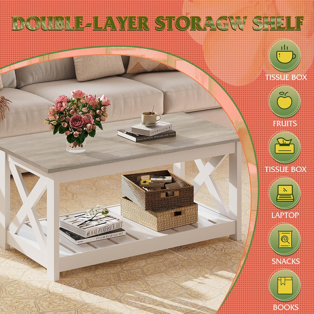 Farmhouse Coffee Table, 40.1" Rustic Center Table with X-Frame Support & Storage Shelf