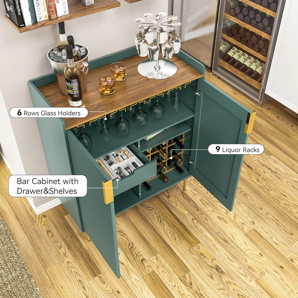 Coffee Bar Cabinet with Wine Racks & Drawer, Green | Liquor Cabinet with Fluted Texture, Modern Sideboard Buffet