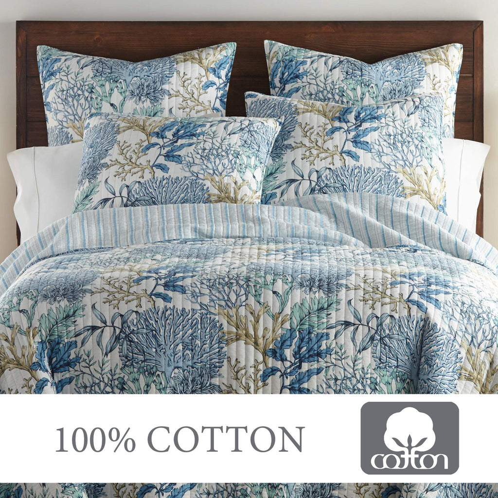 Mahina Quilt Set - Quilt + Two Pillow Shams - Coastal - Taupe, Blue and White - Quilt