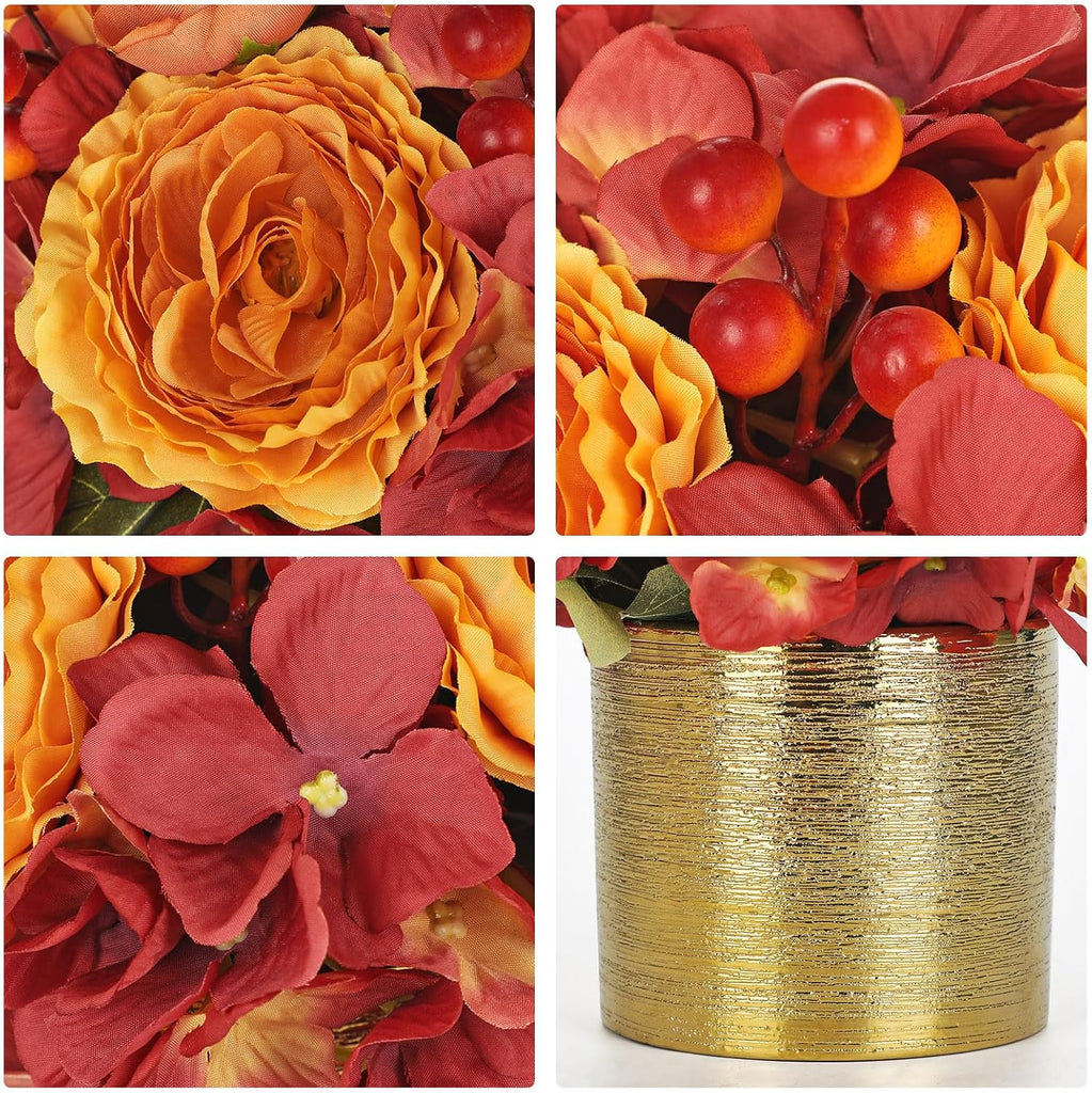 Fall Rose Hydrangeas Artificial Flowers with Golden Pot Decor