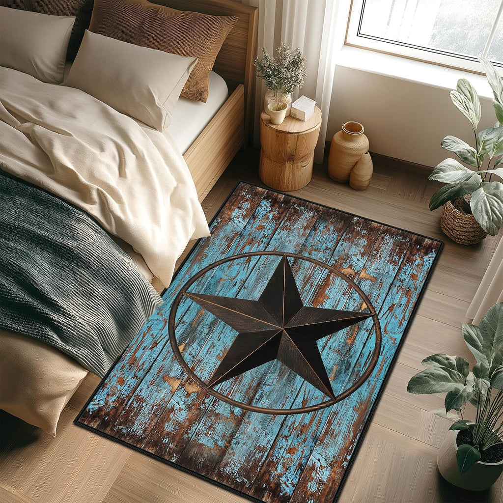 Western Area Rug,Rustic Barn Texas Star on Old Wooden Plank,Ultra-Thin Washable Throw Carpet Teal Rugs Indoor