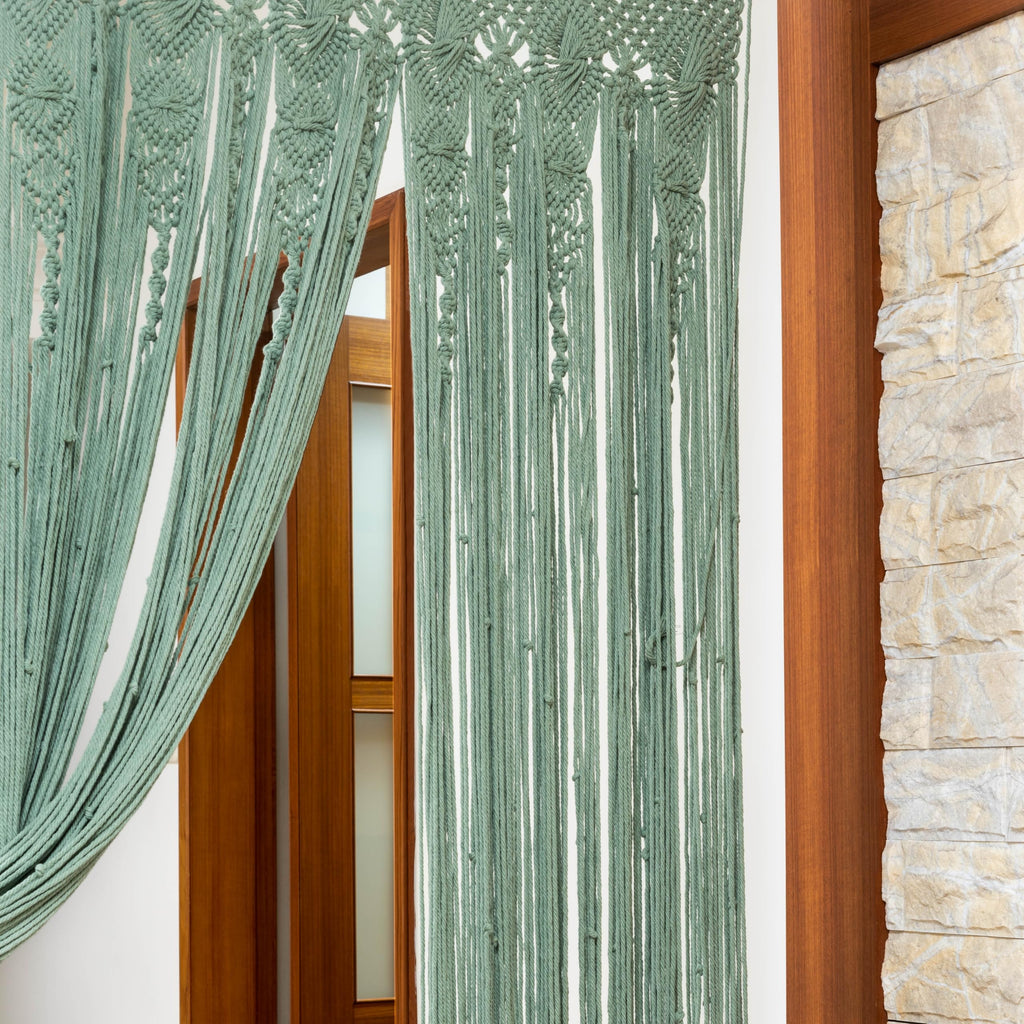 Premium 4mm Thick Extra Dense Macrame Door Curtain - Handcrafted Sage Green Boho Bohemian Curtain for Doorways - No