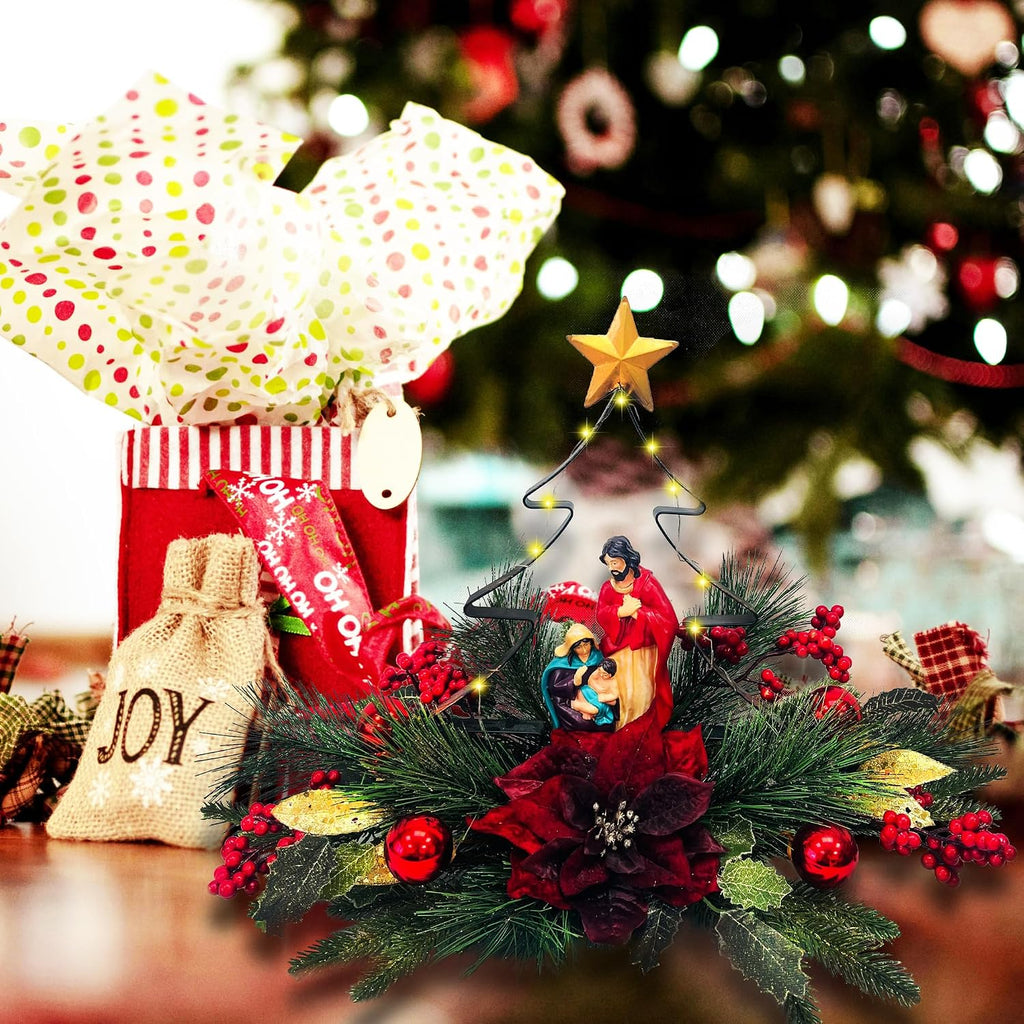 Nativity LED Christmas Tree Tabletop Centerpiece, Holy Family Christmas Decoration with Warm Lights, Red Poinsettia &
