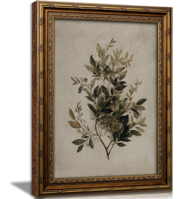 Vintage Olive Branch Botanical Framed Wall Art, Retro Gold Frame Rustic Greenery Canvas Print, Farmhouse Decor