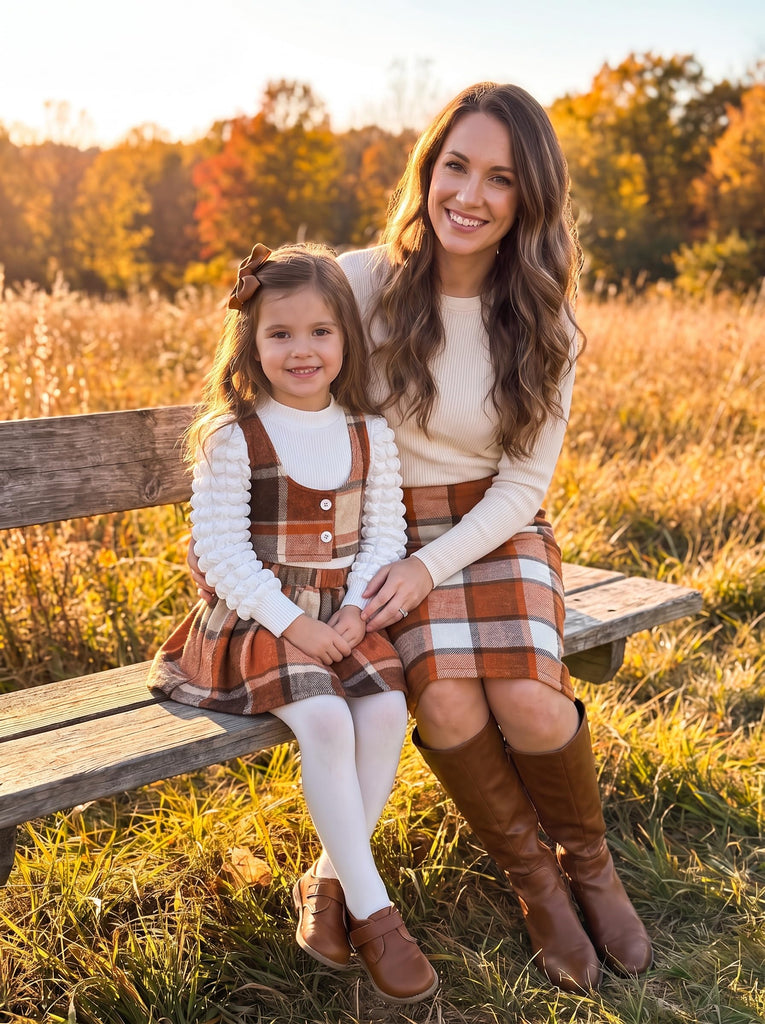 Toddler Girls Plaid Outfits Puff Sleeve Knit Ribbed Tops Button Down Vest Plaid Skirt Set Girls Fall Winter Clothes