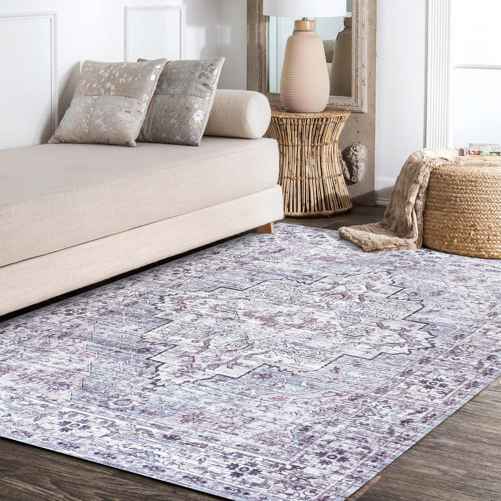 Machine Washable Gray/Purple Indoor Area Rug 5X8 ft, Didim Boho Medallion, Easy-Cleaning, High Traffic