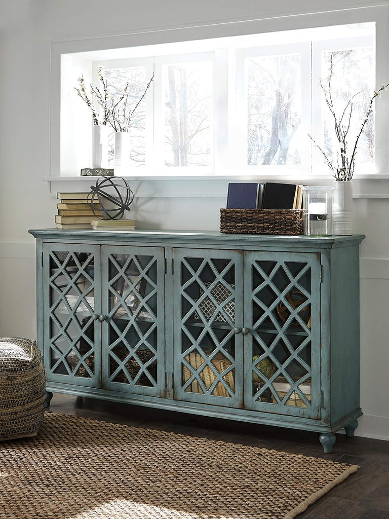 Mirimyn Vintage 69" 4-Door Accent Cabinet with Mirrored Glass and 2 Adjustable Shelves, Antique Blue