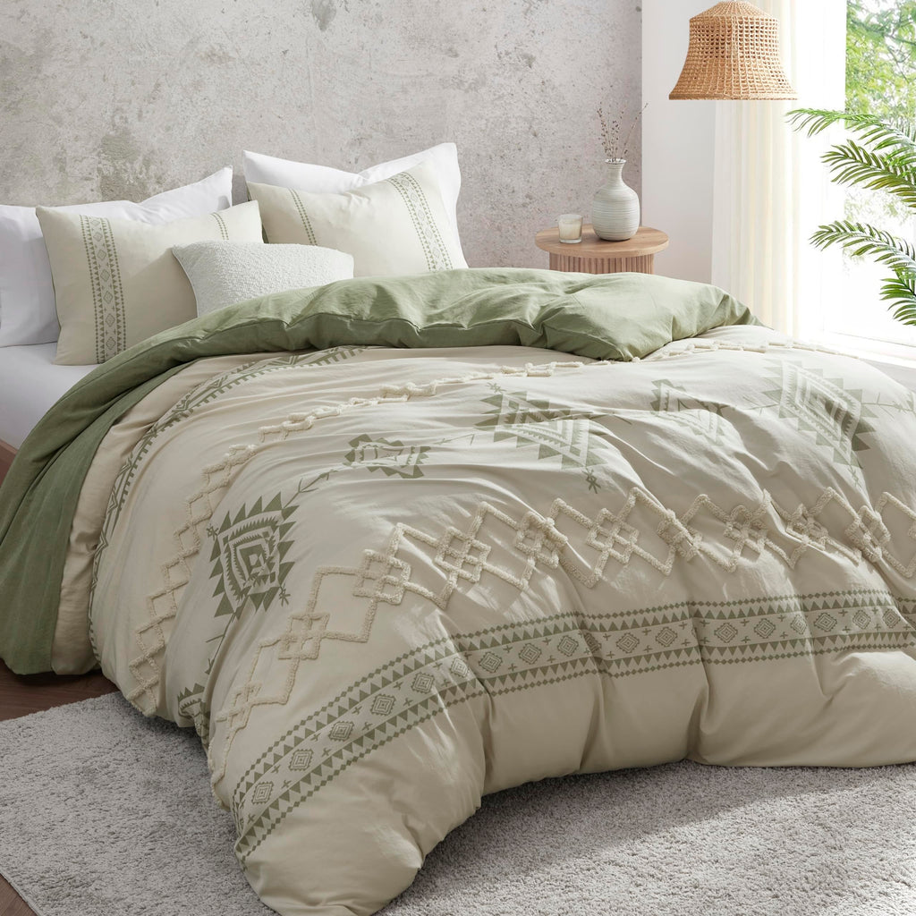 Boho Duvet Cover King Size, Beige & Sage Green, 3 Pieces