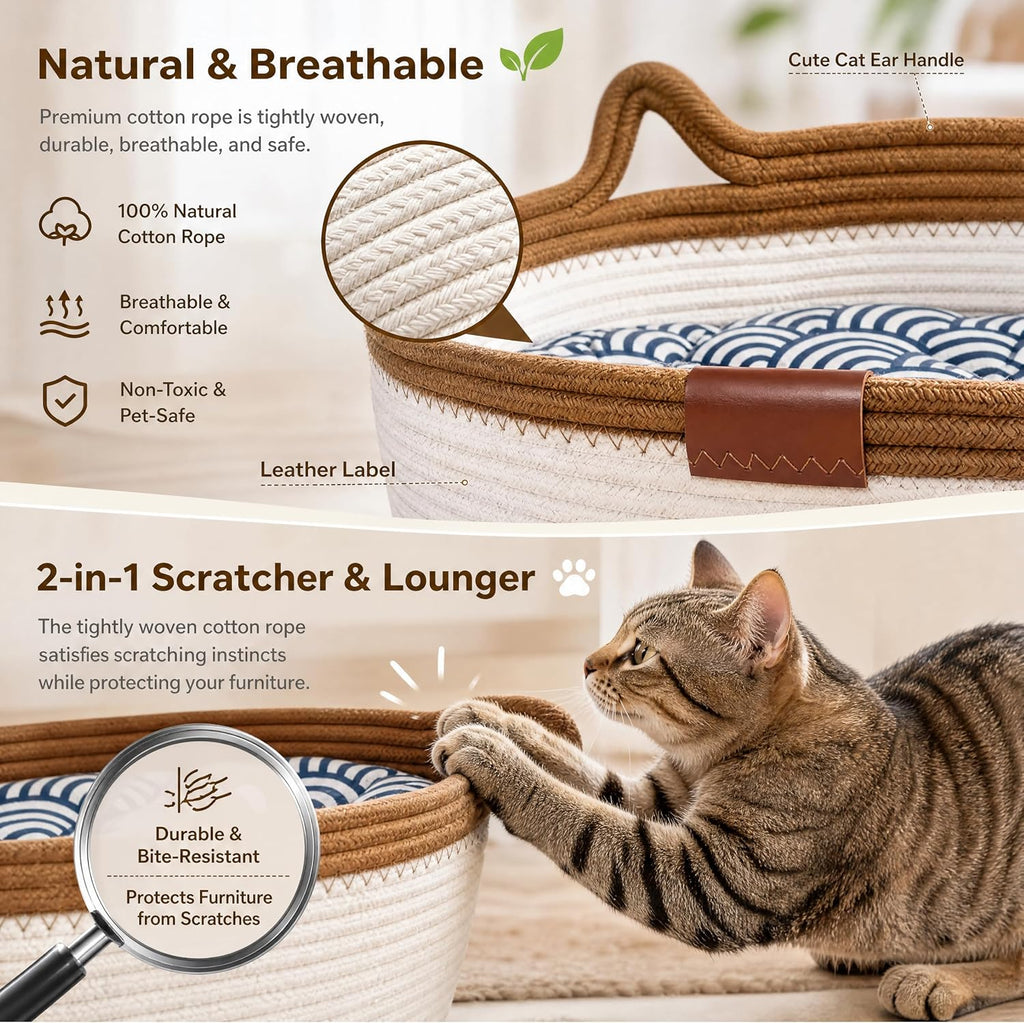 Large Handwoven Cat Basket Bed, Cotton Rope Woven Cat Beds for Indoor Cats