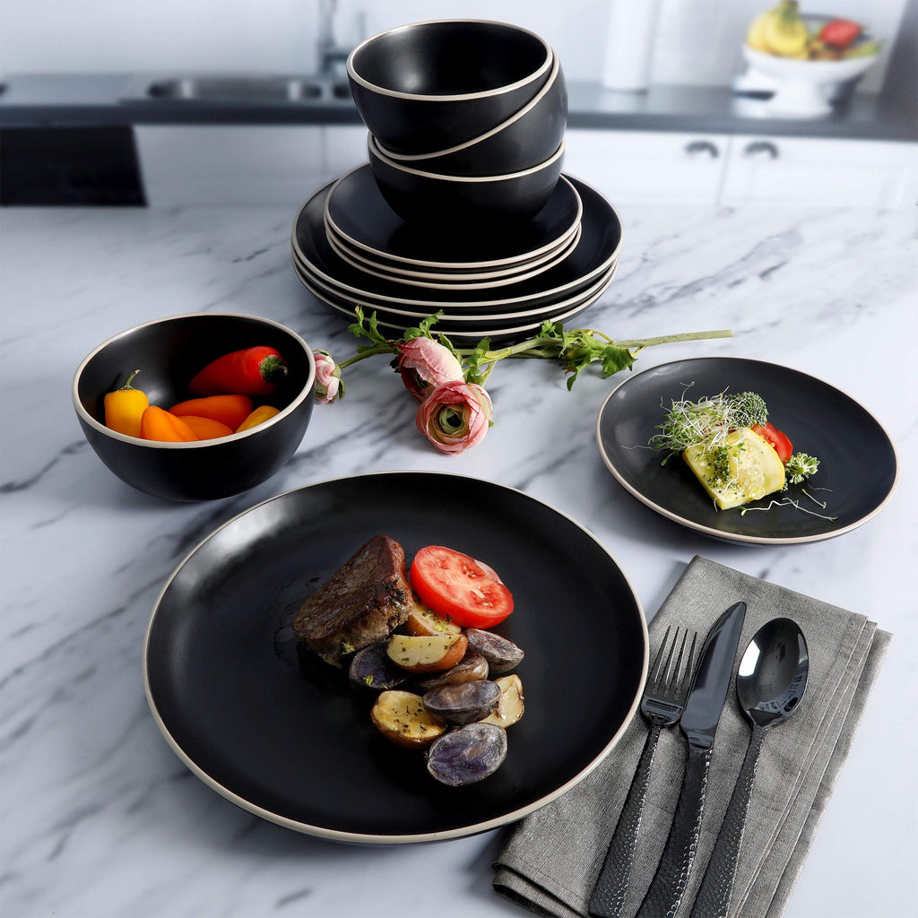 Rockaway 12-Piece Stoneware Dinnerware Set, Service for 4 - Modern Round Plates and Bowls, Dishwasher & Microwave