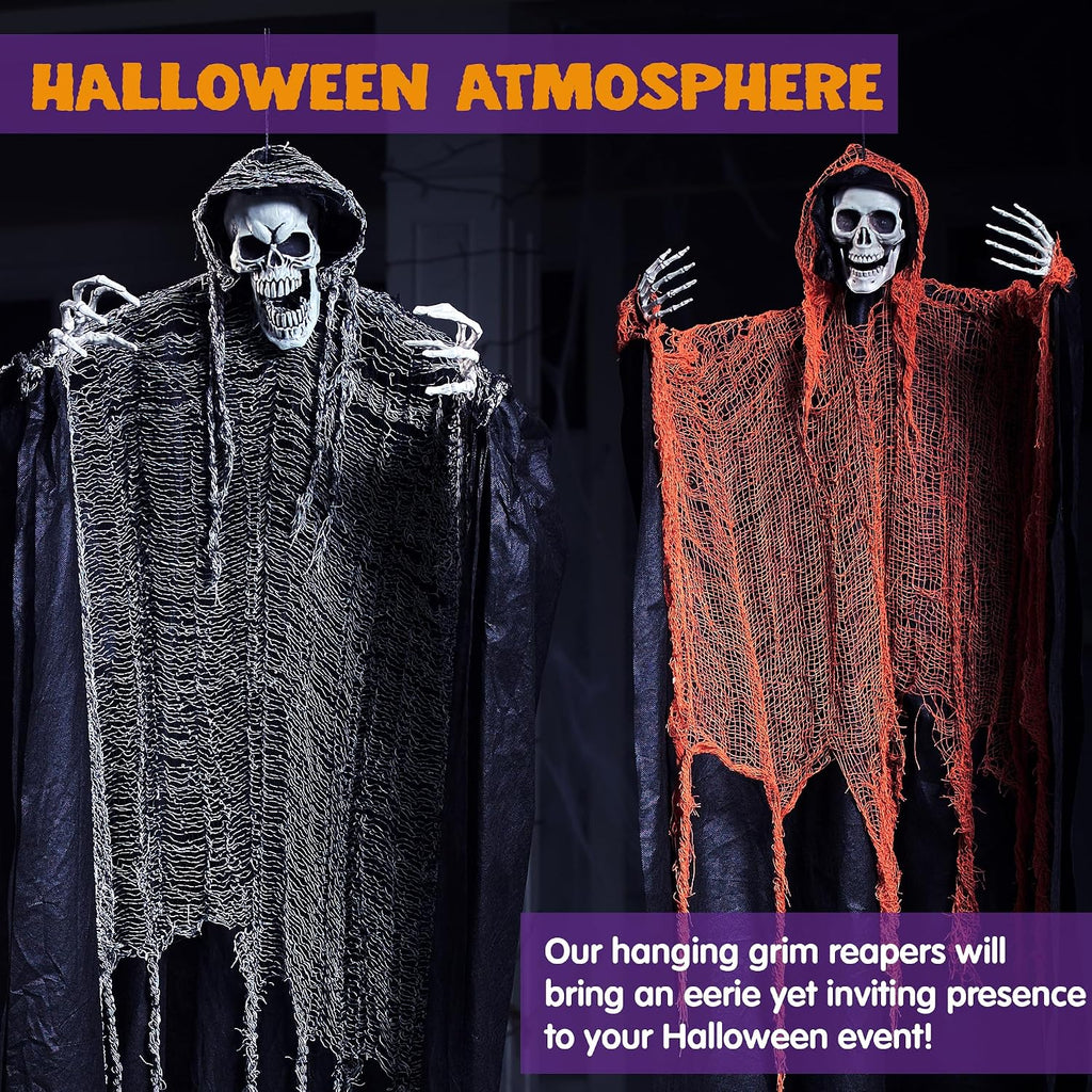 Halloween Hanging Grim Reapers, one 63" Two 47" Grim Reapers, Halloween Skeleton Outdoor Decoration Flying - Set of 3
