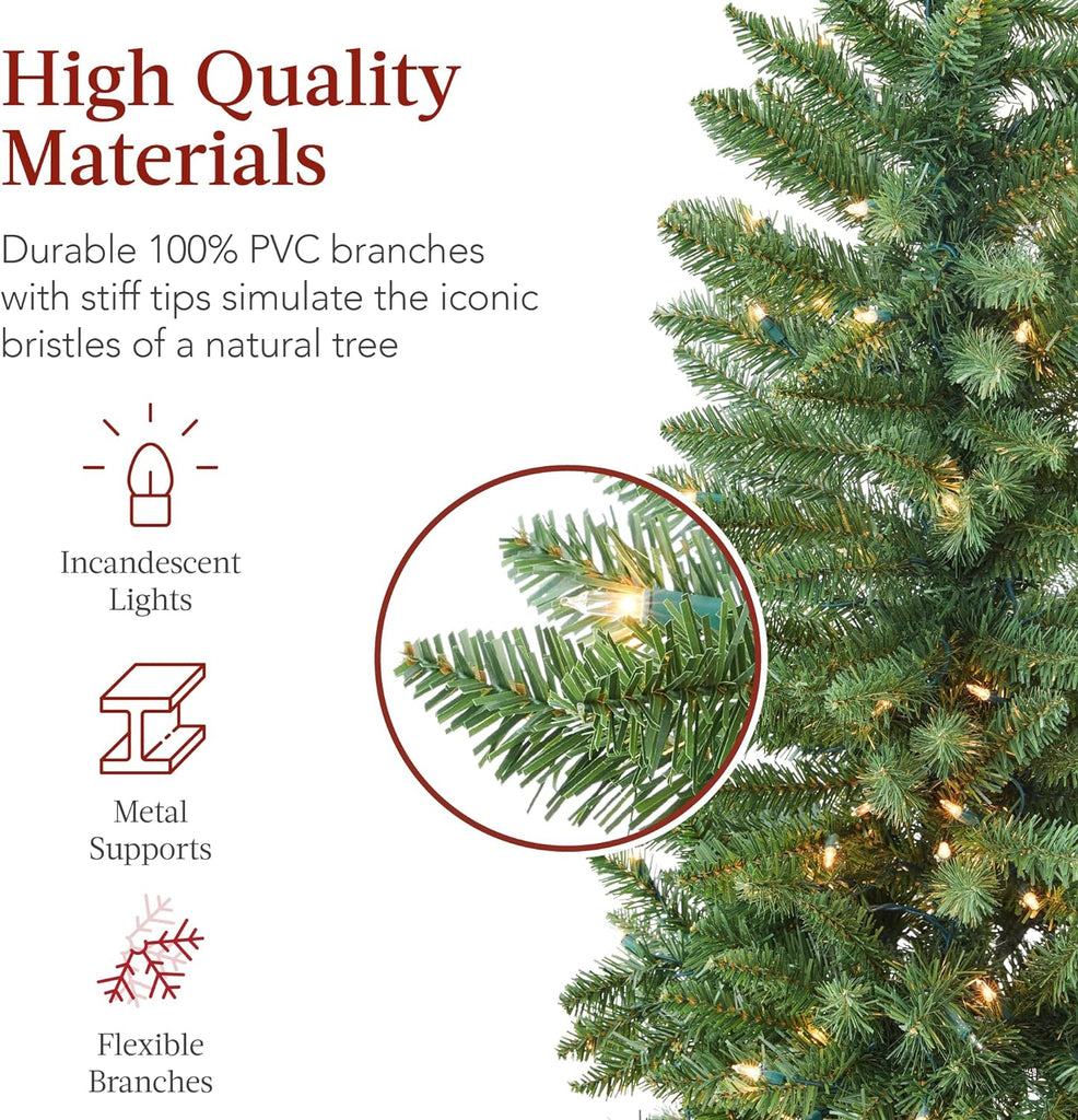 7.5ft Artificial Pencil Christmas Tree with LED Twinkling Lights, Pre-Lit Spruce Realistic Holiday Xmas Décor, 350