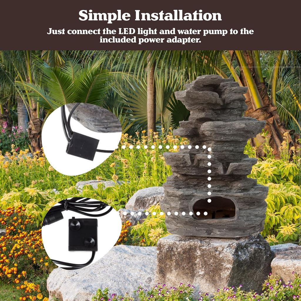 Tabletop Waterfall Fountain with Cascading Rock and LED Lights - Resin Tiered Stones Decor by (Gray)