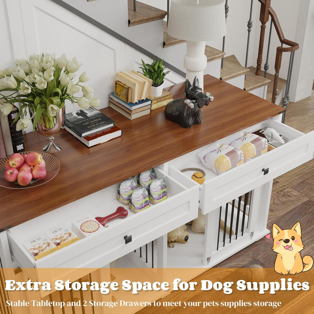 Large Dog Crate Furniture with Divider, 2 Drawers & Sliding Doors