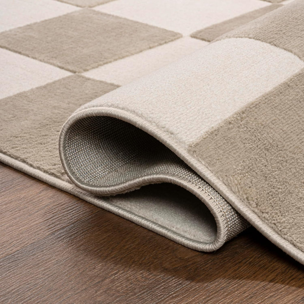 Checkerboard High-Low Runner Rug 2X8 Beige/Cream, Thea Modern Geometric, Easy-Cleaning, High Traffic, Pet-Friendly