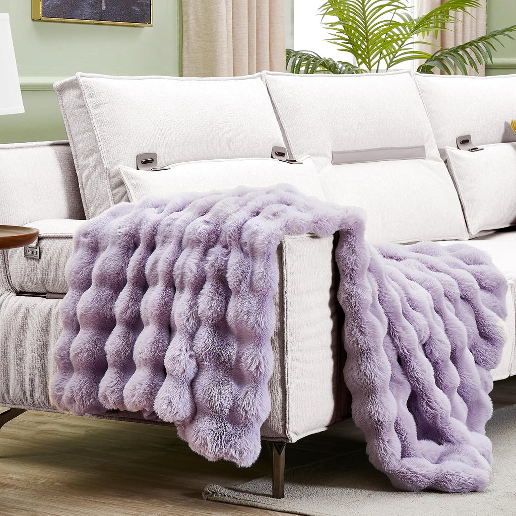Soft Fluffy Oversized Bubble Faux Rabbit Fur Throw Blanket 60" x 70", Reversible Solid Thick Warm Fuzzy Blanket for
