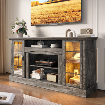 58" Farmhouse TV Stand for 65 Inch TV, LED Entertainment Center with Glass Door Storage Cabinet & Adjustable Shelves