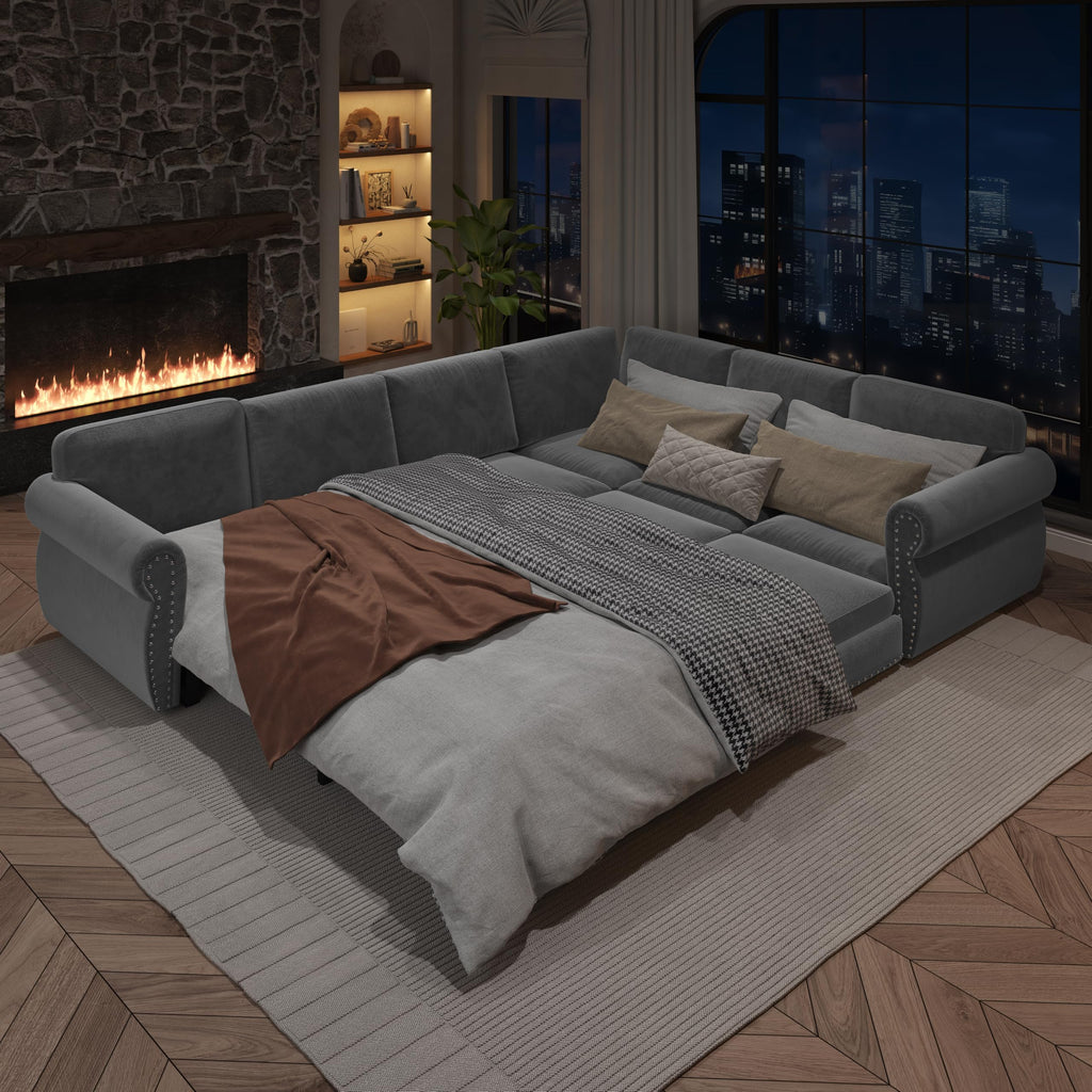 118" Sleeper Sofa Bed, Sectional Couches /Apartment, Chenille L Shaped Couch with Pull Out Couch Bed, Convertible