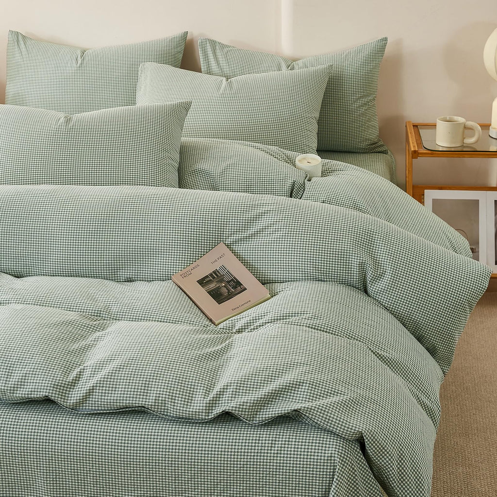 Mint Green Gingham Duvet Cover Set - 3 Piece Washed Cotton Linen Like Plaid Bedding Set with Zipper, Soft &