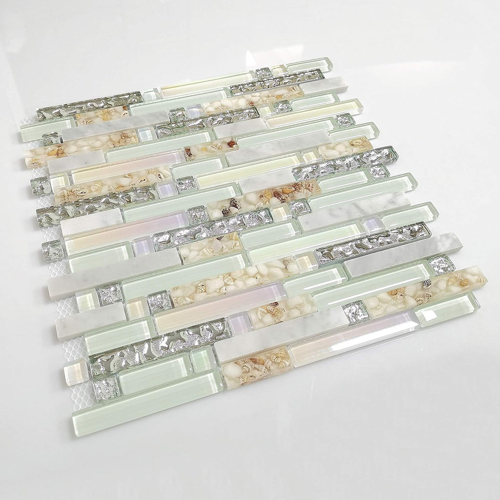 Beach Style Wall Tile Mosaic Kitchen Backsplash Green Bathroom Silver Glass Conch Stone White Marble Iridescent